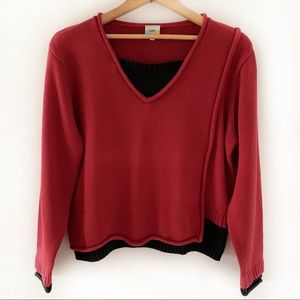 CUBIX Color Block V-neck Burgundy/Black Sweater L